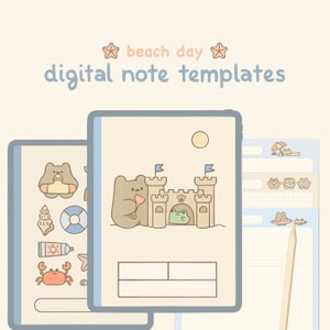 Cute Blue Digital Notebook Template: Beach Day | Goodnotes, Samsung Notes | Cute Bear & Frog Stickers | Kawaii Planner, Journal, Diary