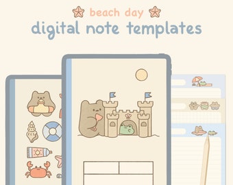Cute Blue Digital Notebook Template: Beach Day | Goodnotes, Samsung Notes | Cute Bear & Frog Stickers | Kawaii Planner, Journal, Diary