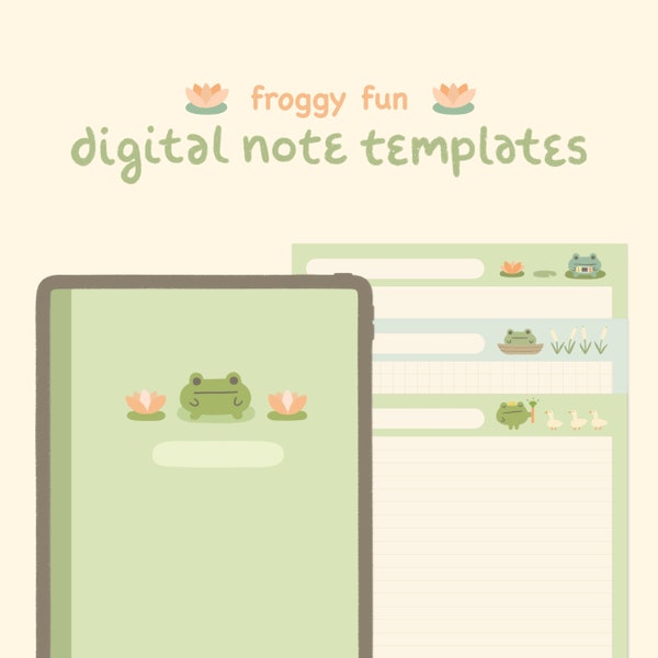 Cute Digital Note Templates: Froggy Fun | for Goodnotes, Samsung Notes, iPad & Android | with Cute Digital Stickers | Kawaii Frog Aesthetic