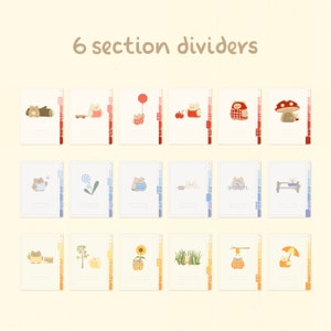 May include: Six colorful section dividers with cute illustrations of bears, mushrooms, flowers, sunflowers, and other nature-themed designs. Each divider has a checkered pattern and a blank space for writing.