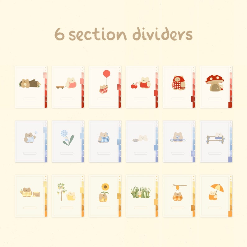 May include: Six colorful section dividers with cute illustrations of bears, mushrooms, flowers, sunflowers, and other nature-themed designs. Each divider has a checkered pattern and a blank space for writing.