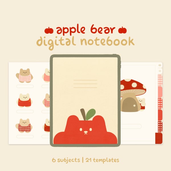 Cute Digital Notebook with Tabs: Red Apple Bear | for Goodnotes + Notability | Digital Bullet Journal & Planner Templates with Sticker Pack