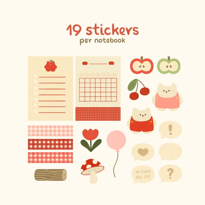 May include: A set of 19 stickers featuring cute illustrations of a red apple, a green apple, a red flower, a mushroom, a log, a balloon, a heart, a question mark, an exclamation point, a checkered pattern, a checklist, a calendar, and two bears wearing red and pink overalls. The text "19 stickers per notebook" is also included.
