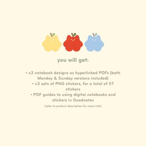 May include: Three colorful apple illustrations, yellow, red, and blue, with the text "you will get:" and a list of digital planner and sticker products. The list includes 3 notebook designs, 3 sets of PNG stickers, and PDF guides to using digital notebooks and stickers in Goodnotes.