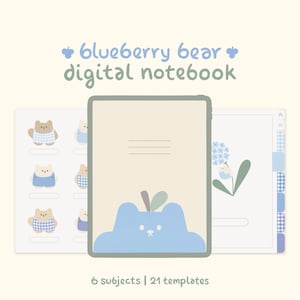 Cute Blue Digital Notebook with Tabs: Blueberry Bear | for Goodnotes, Notability, Samsung Notes | Kawaii Digital Planner & Note Templates