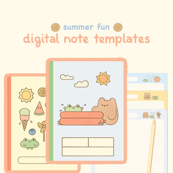 Cute Digital Notebook Template: Summer Fun | Goodnotes, Samsung Notes | Cute Bear & Frog Stickers | Kawaii Planner, Journal, Diary