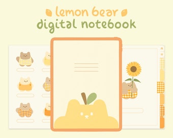 May include: A digital notebook with a lemon bear theme. The cover features a yellow bear with a green leaf on its head. The notebook has 6 subjects and 21 templates. The text "lemon bear digital notebook" is at the top of the image.