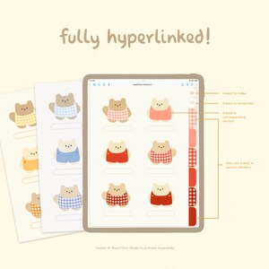 May include: A digital notebook app with a grid of colorful bear illustrations. Each bear is wearing different patterned clothing and is linked to a different section of the notebook. The tabs on the right side of the screen are also linked to different sections. The text "fully hyperlinked!" is at the top of the screen. The text "*switch to Read Only Mode to activate hyperlinks" is at the bottom of the screen.