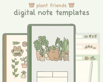 Cute Green Digital Notebook Template: Plant Friends | Goodnotes, Samsung Notes | Cute Bear & Frog Stickers | Kawaii Planner, Journal, Diary