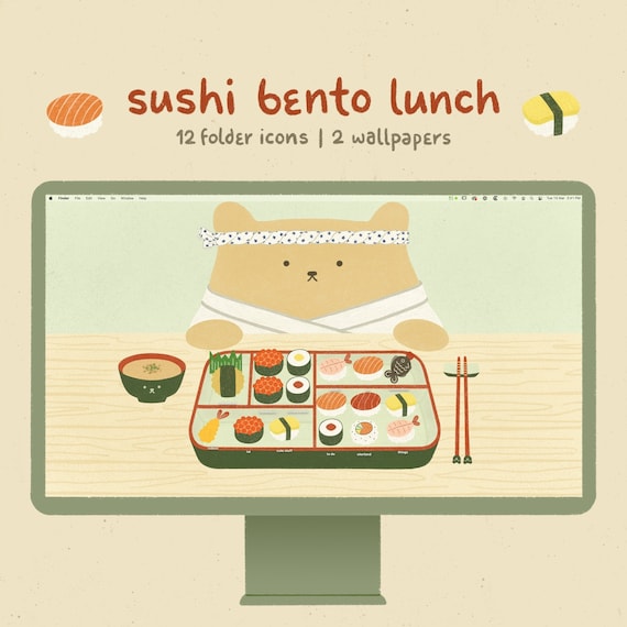 Cute Desktop Icons & Wallpaper Organizer: Sushi Bento Bear for Mac and  Windows Cute Kawaii Folder Icons 