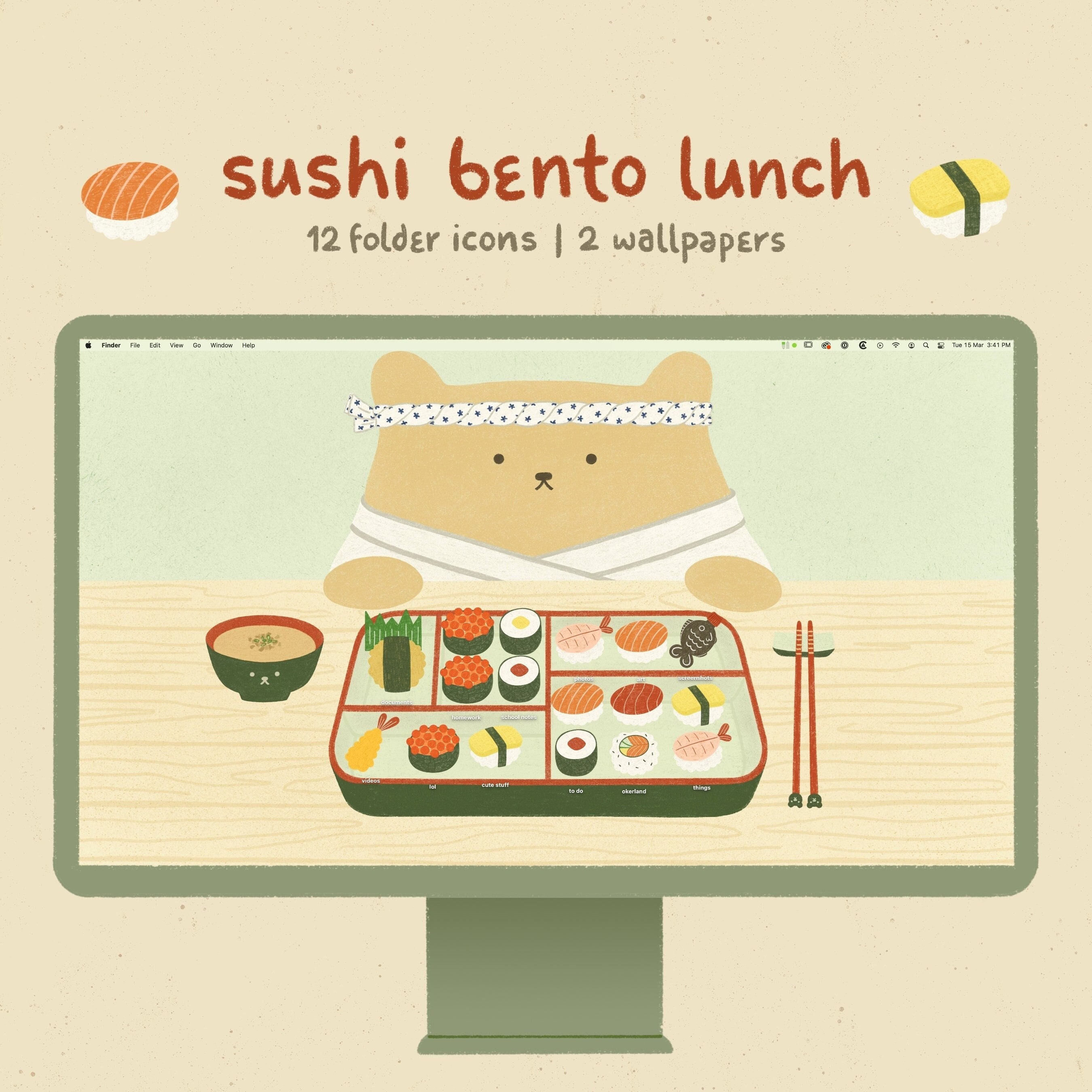 Cute Desktop Icons & Wallpaper Organizer: Sushi Bento Bear - Etsy