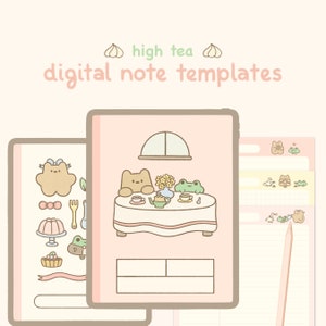 Modello di quaderno digitale rosa carino: High Tea / Goodnotes, Samsung Notes / Adesivi con orsetto e rana carini / Planner Kawaii, diario, diario