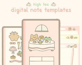 Cute Pink Digital Notebook Template: High Tea | Goodnotes, Samsung Notes | Cute Bear & Frog Stickers | Kawaii Planner, Journal, Diary