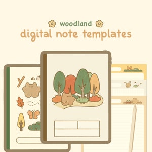 Cute Beige Digital Notebook Template: Woodland | Goodnotes, Samsung Notes | Cute Bear & Frog Stickers | Kawaii Planner, Journal, Diary