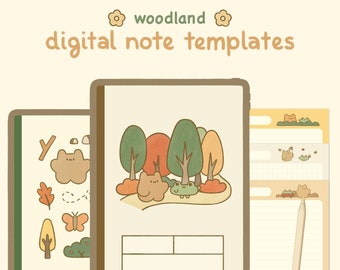 Cute Beige Digital Notebook Template: Woodland | Goodnotes, Samsung Notes | Cute Bear & Frog Stickers | Kawaii Planner, Journal, Diary