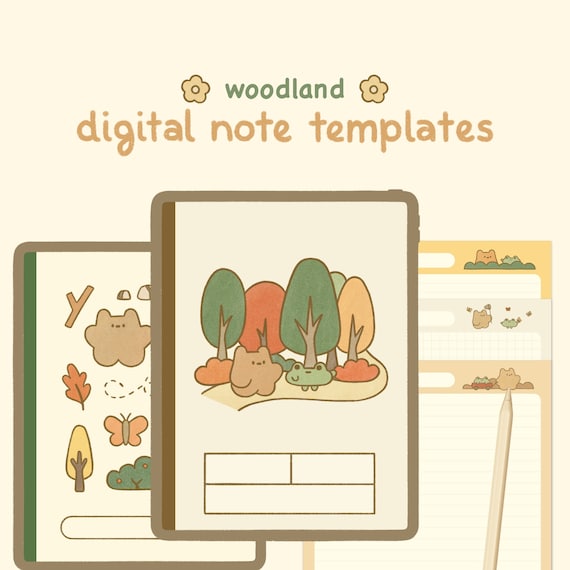 Cute Beige Digital Notebook Template: Woodland | Goodnotes, Samsung Notes | Cute Bear & Frog Stickers | Kawaii Planner, Journal, Diary