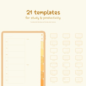 May include: A digital planner template with 21 different layouts for study and productivity. The templates include a weekly planner, a monthly calendar, a daily log, a to-do list, and more. The templates are designed in a minimalist style with a yellow and orange color scheme.