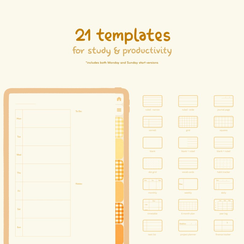 May include: A digital planner template with 21 different layouts for study and productivity. The templates include a weekly planner, a monthly calendar, a daily log, a to-do list, and more. The templates are designed in a minimalist style with a yellow and orange color scheme.