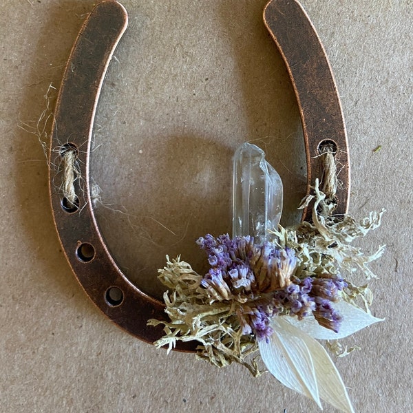 Good luck dressed horseshoe w. Crystal. Cleansing, positive protection moon energy. Pagan home decor. Folkcraft. cottagecore. Wedding