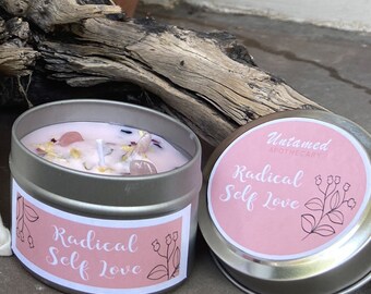 Radical self love. Hand poured, soy vegetarian candle with rose quartz  crystals, flowers, and luxury natural rose essential oil.