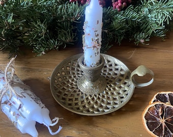 F. Yule set. Vintage candlestick w.  3 Yuletide dressed outdoor candles and herbs. Ritual, pagan, druid witch. Solstice. Manifestation Kit.