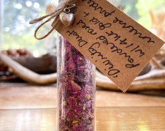 Rose powder w. 14kt gold.  ‘Divinity Dust’ for magical ritual and spell work. Handmade with homegrown rose, + incense powder. Witch, pagan