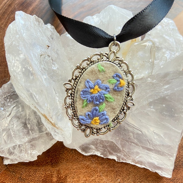 Embroidered forget-me-not pendant. Hand embroidered, magical vintage style, cottagecore floral gift. Pagan, whimsy goth, nature lover, druid