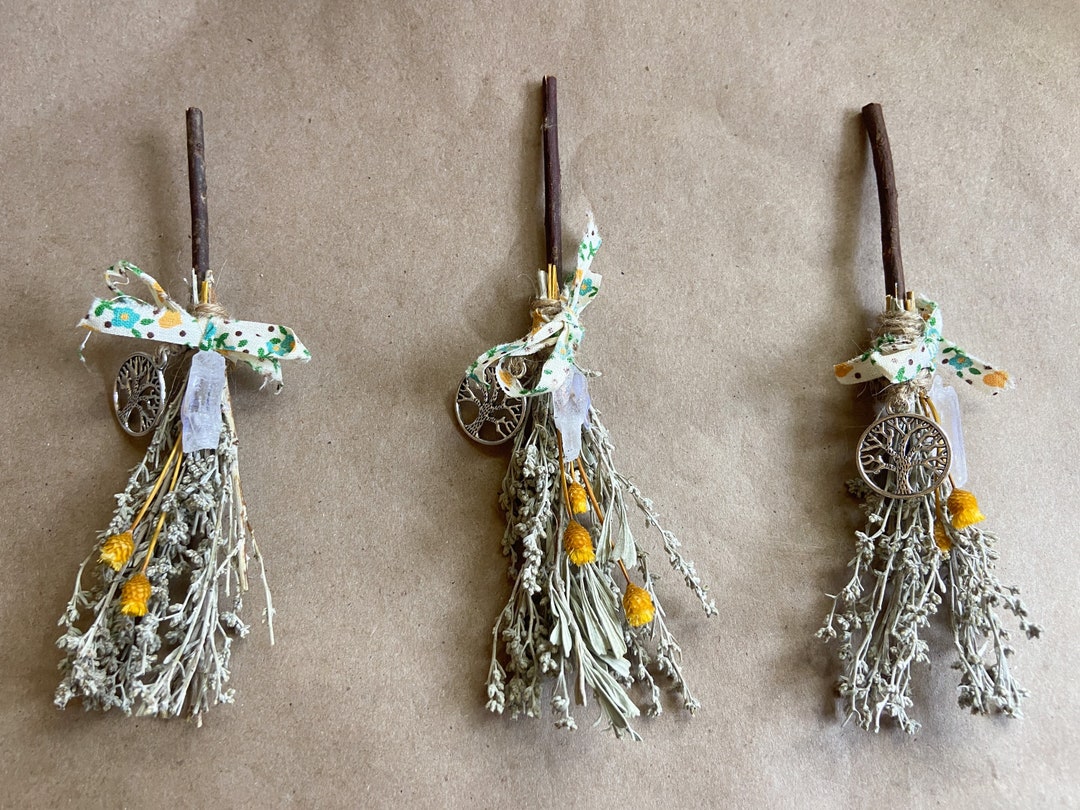 Mini Broom With Sage, Crystal and Vintage Ribbon. Handmade With Magical