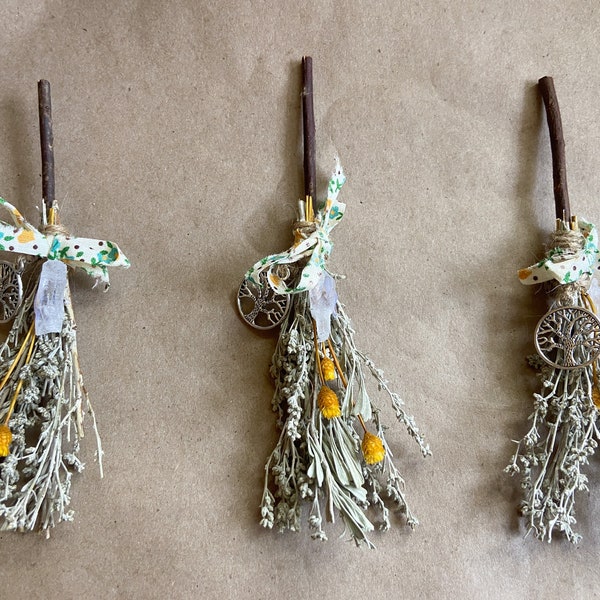 Mini broom besom with cleansing sage, crystal, vintage ribbon. Handmade w. magical intention. Witch, pagan, druid. Protection and warding.