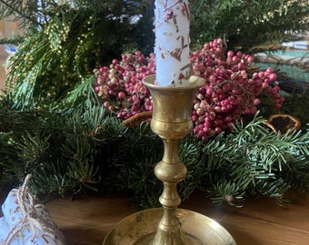 B. Yule set. Vintage candlestick w.  3 Yuletide dressed outdoor candles and herbs. Ritual, pagan, druid witch. Solstice. Manifestation Kit.