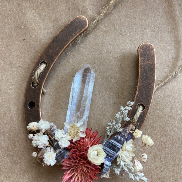 Good luck dressed horseshoe w. Crystal. Cleansing, positive protection moon energy. Pagan home decor. Folkcraft. cottagecore. Wedding