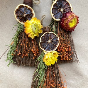 Dressed fall cinnamon floral scented broom besom. Mabon. Samhain.  Halloween. Altar offering. Pagan decor. Folk craft. Wedding decor