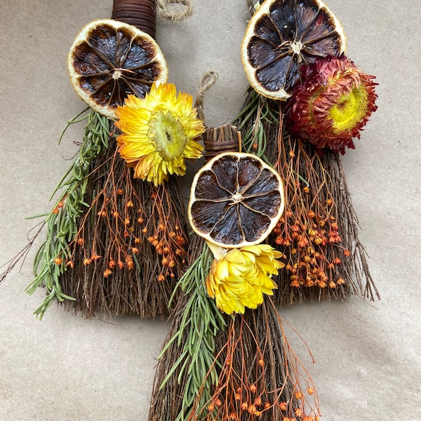 Dressed fall cinnamon floral scented broom besom. Natural decorations. Folksy. Christmas and Yule