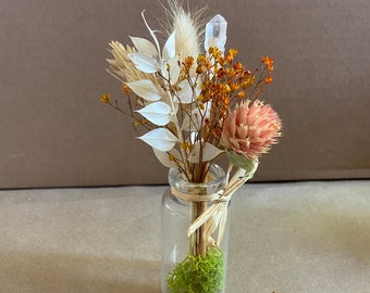 Miniature dried flower bouquets in a glass jar. Perfect friendship gifts. Natural. Boho. Witch altar offerings.