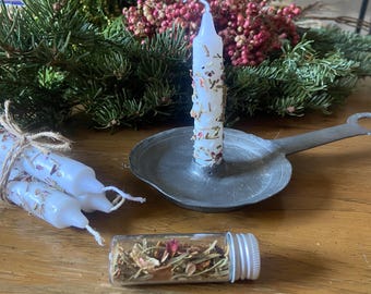 C. Yule set. Vintage candlestick w.  3 Yuletide dressed outdoor candles and herbs. Ritual, pagan, druid witch. Solstice. Manifestation Kit.