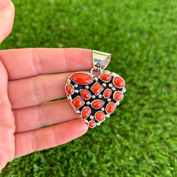 MD Italian Coral Cluster Heart Silver Pendant Handmade by Navajo Geneva Apachito