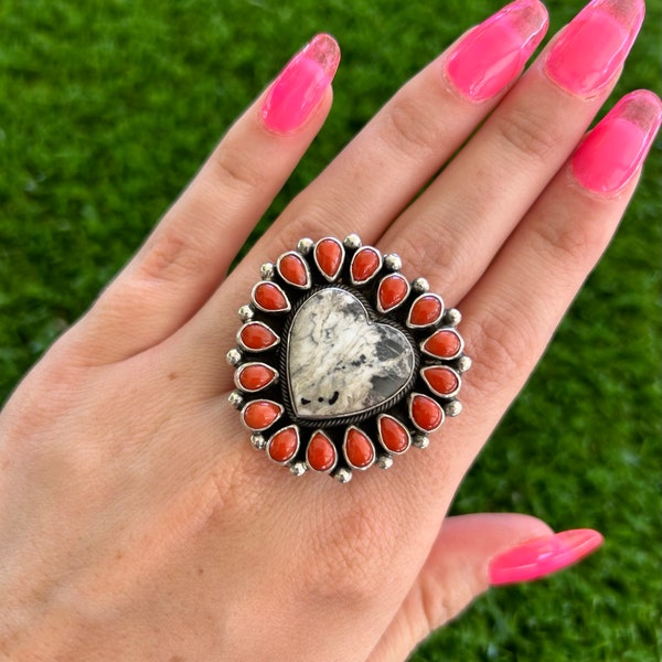 Adjustable White Buffalo & Coral Cluster Ring Handmade by Navajo Linda Yazzie