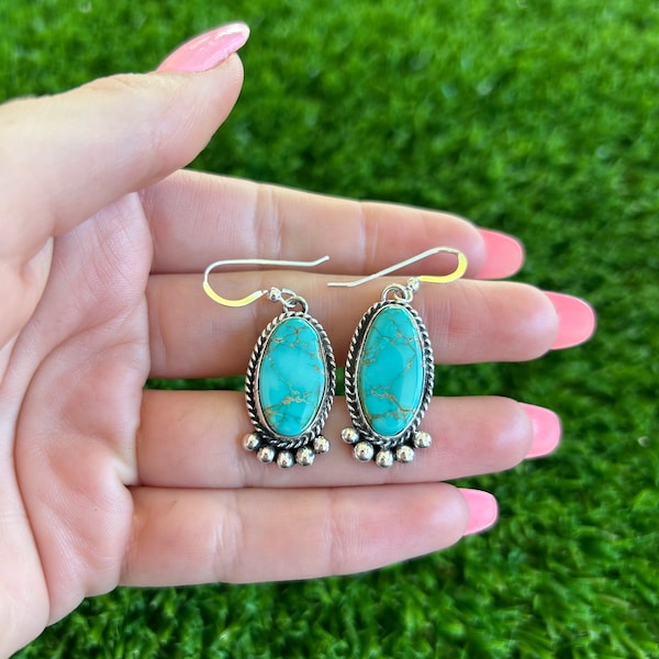 Gem Grade Royston Turquoise Dangle Earrings 3 Handmade by Navajo Linda Yazzie