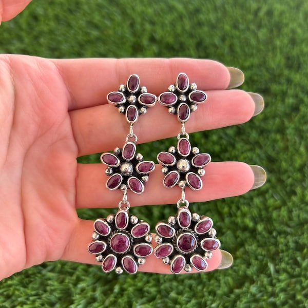 Purple Spiny Oyster Chandelier Flower Earrings Handmade by Navajo Linda Yazzie