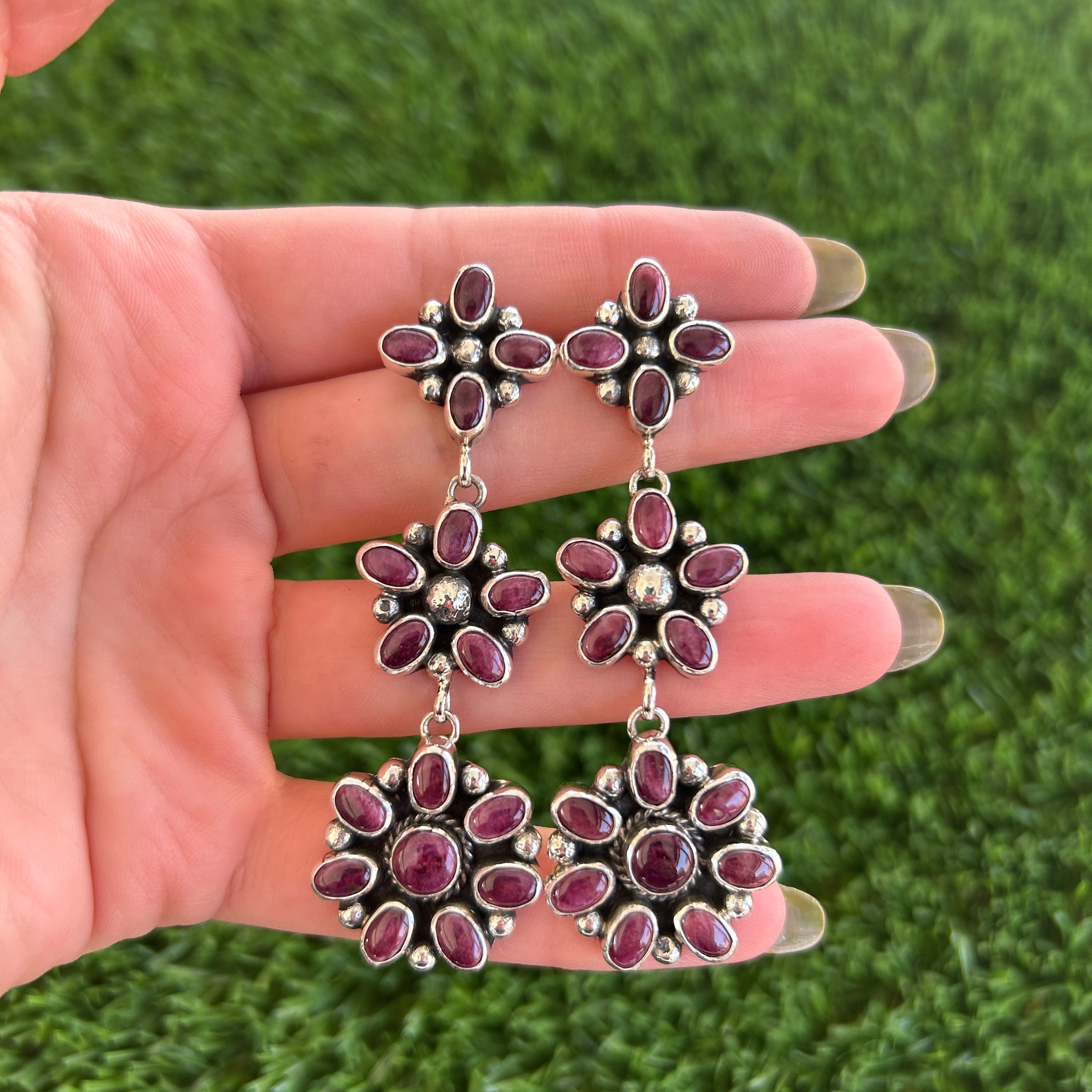Purple Spiny Oyster Chandelier Flower Earrings Handmade by