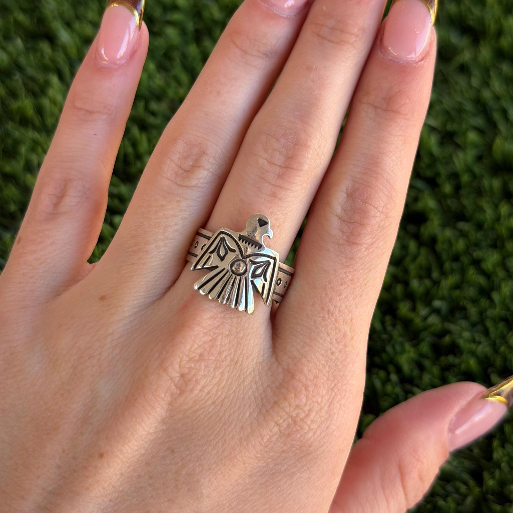 アクセサリー vintage Navajo Thunderbird Ring Sterling Silver Thunderbird Stampwork Ring Vintage Navajo Handmade