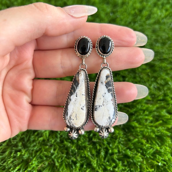 Onyx and White Buffalo Stud Earrings 1 Handmade by Navajo Linda Yazzie