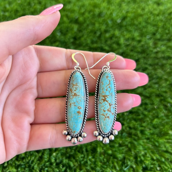 Number 8 Turquoise Oblong Oval Dangle Earrings Handmade by Navajo Linda Yazzie