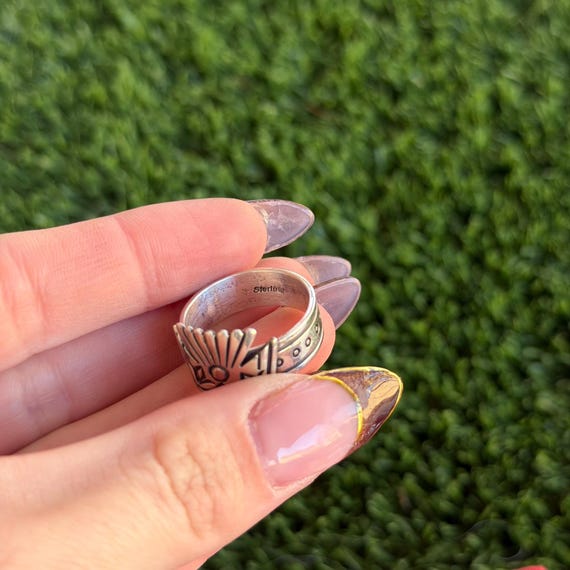 Sterling Silver Thunderbird Stampwork Ring Vintage Navajo Handmade