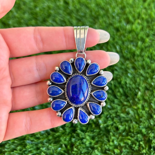 Lapis Lazuli Pear Sterling Silver Cluster Pendant Handmade by Navajo Linda Yazzie