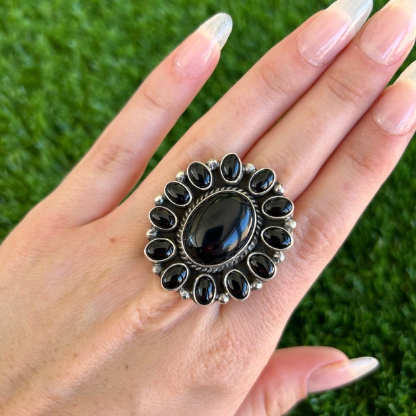 Black Onyx Sterling Silver Cluster Ring Handmade by Navajo Linda Yazzie