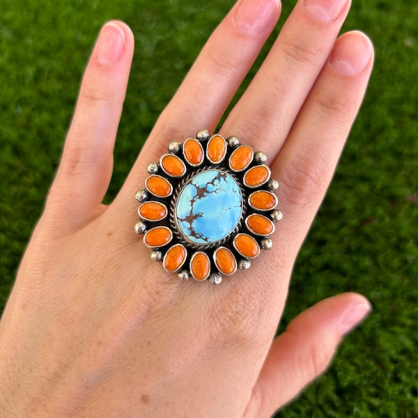 Golden Hills Turq & Orange Spiny Cluster Ring Handmade by Navajo Linda Yazzie