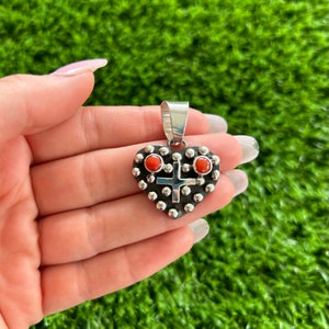 Italian Coral Heart - Cross and Drop Pendant Handmade by Navajo Geneva Apachito