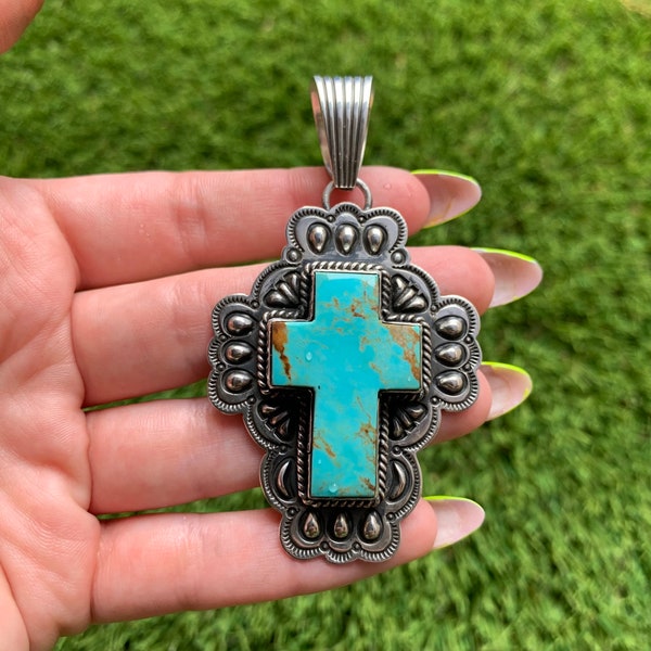 Kingman Turquoise Bump-out Cross Pendant Handmade by Navajo Tsosie White