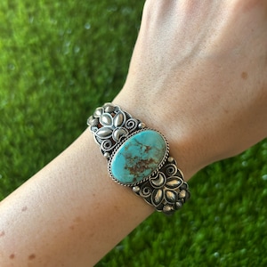 Important Native American Navajo Dry Creek Turquoise Verdy Jake Sterling Silver Bracelet Important Native American Navajo Dry Creek Turquoise Verdy Jake Sterling Silver Bracelet